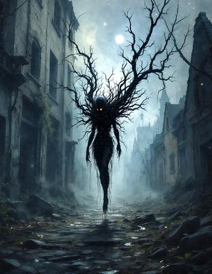 The primary subject of the image is a woman with a tree-like face, walking down a street. The setting is a dark alley with a stone wall, and the visual style appears to be a combination of photo and digital art. The woman's face is the focal point, and the overall atmosphere is eerie and mysterious.